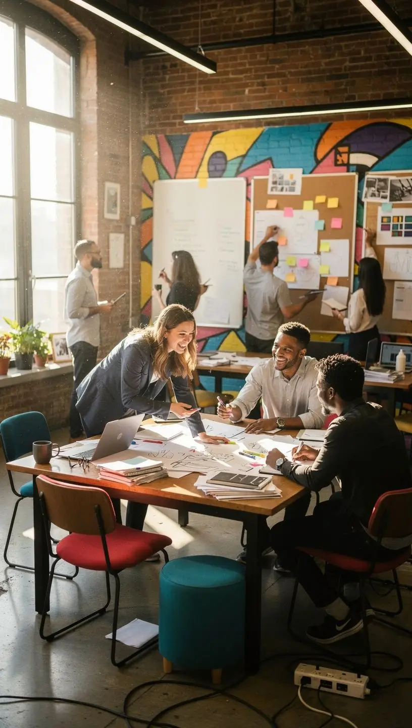 Recepcja z minimalistycznym wystrojem, zielonymi roślinami i jasnymi kolorami.