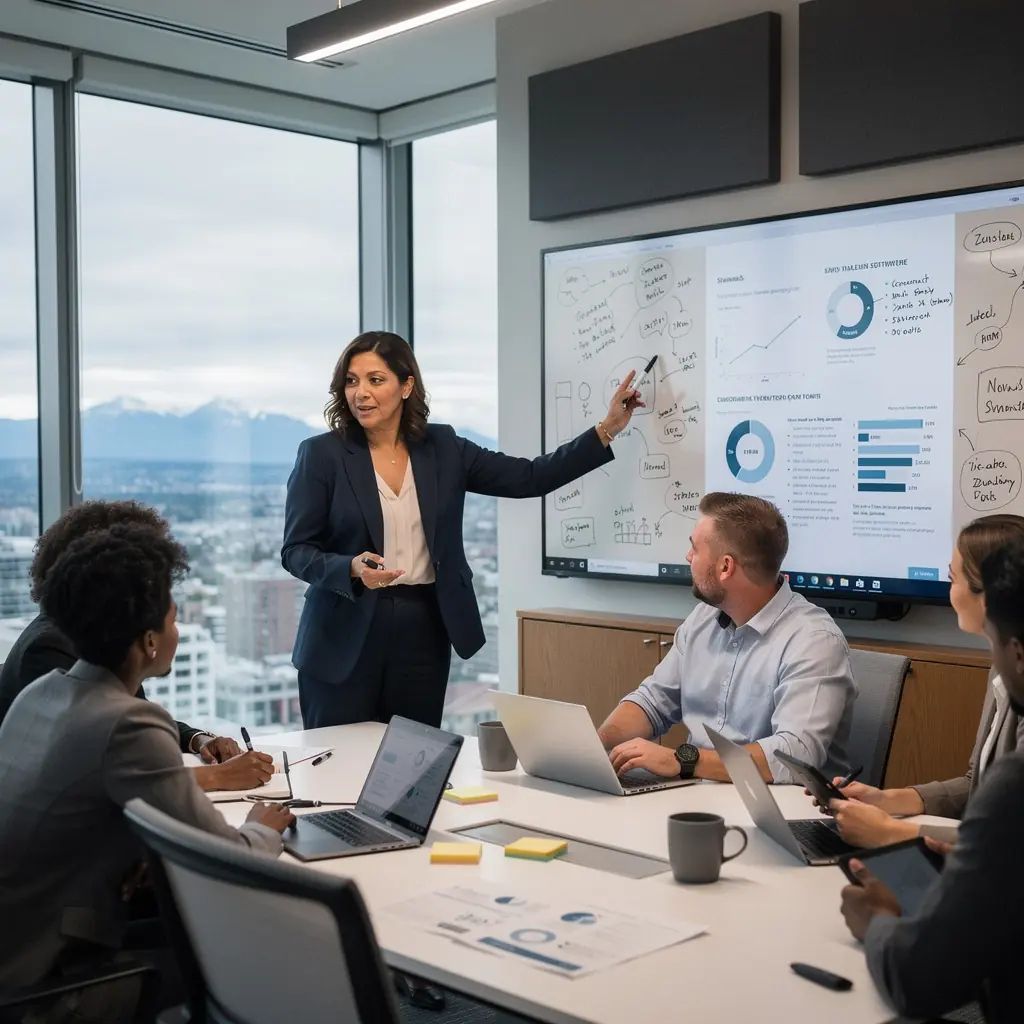 Stylowe wnętrze sali konferencyjnej z dużym stołem i ergonomicznymi krzesłami.