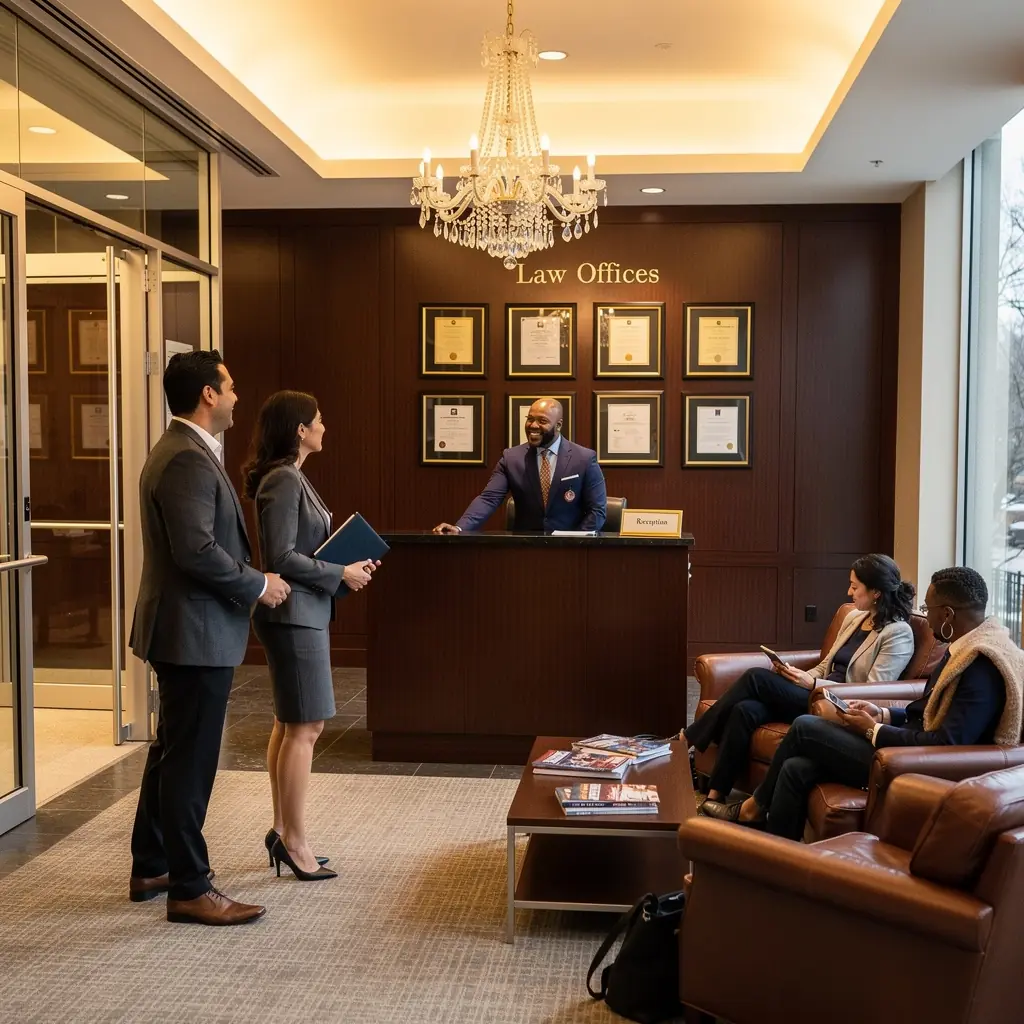 Design biura z czytelnymi oznaczeniami i szerokimi korytarzami dla łatwego poruszania się.